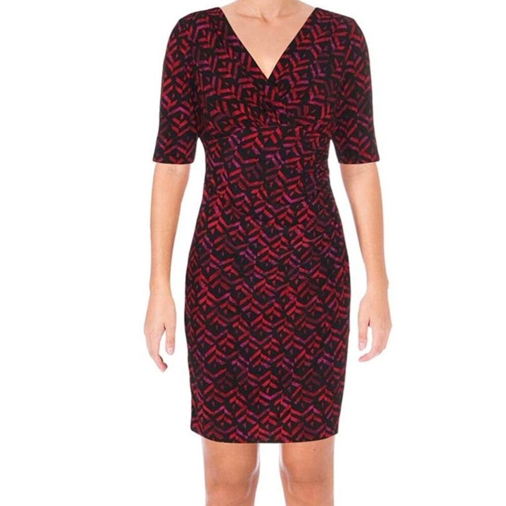 Lauren Ralph Lauren 4 Dress Red Black Geometric VNeck Ruched Sheath Y2K 90s Bold